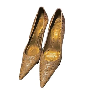 BCBGirls Gold Silver Metallic Tooled Leather Pointed Toe High Heels Made Brazil  - Picture 1 of 6