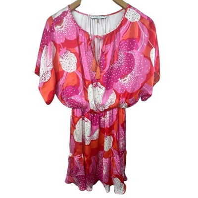 Mini Vestido Trina Turk Rosa Naranja Floral Seda Talla S Pequeño Boho Borla Corbata Foto 1 de 4