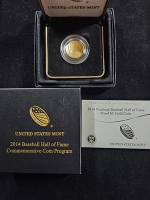 🌟 2014-W BASEBALL HALL OF FAME $5 Gold Uncirculated Coin Commemorative w/OGP - Image 1 of 3