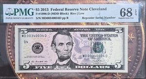 2013 FRN Cleveland $5 Dollar Repeater Serial number PMG 68 Gem MD 00340034 D - Picture 1 of 5