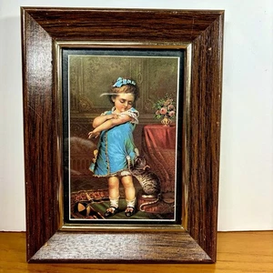 Vtg 5x7 Picture Little Girl With Cat Girls Bedroom Decor MCM Wall Old Fashioned - Picture 1 of 2
