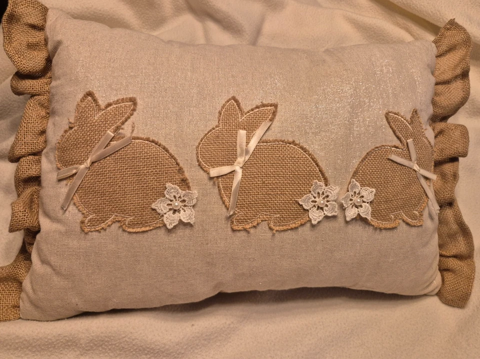 Burlap Pillow With Bunnies Rustic Primitive Porch Chair Cushion Lace Edging - Image 1 of 4