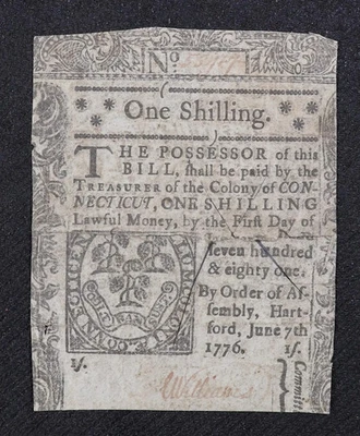 Revolutionary War Issue Colonial Connecticut June 7, 1776 1 Shilling - Image 1 of 3