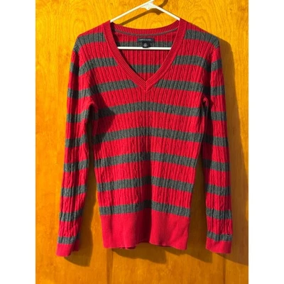 Suéter Tommy Hilfiger Cuello en V Mujer Grande Rojo Gris Rayas Tejido Foto 1 de 4
