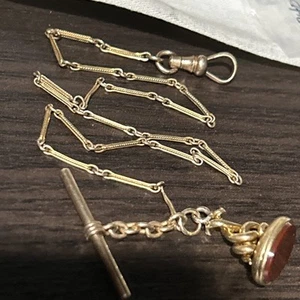 ANTIQUE 18K SOLID GOLD 750 BIRMINGHAM SNAKES FOB GOLD FILL WATCH CHAIN 14” T BAR - Picture 1 of 24