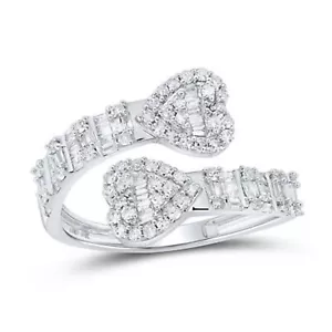 10K WHITE GOLD BAGUETTE DIAMOND CUFF BYPASS HEART RING 5/8 CTTW - Picture 1 of 1