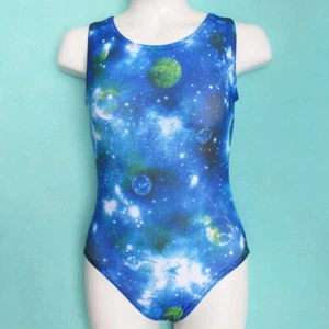 Gymnastics Leotard Girls sz CM Child 8 Outerspace Design in green, blue & white - Picture 1 of 7