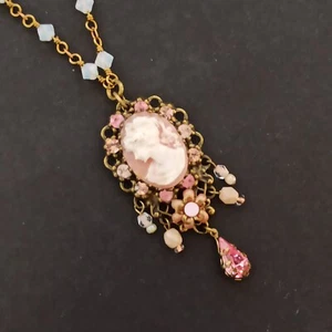 Michal Negrin Necklace Cameo Large Pink Rosery Crystals Chain Victorian Revival - Picture 1 of 18