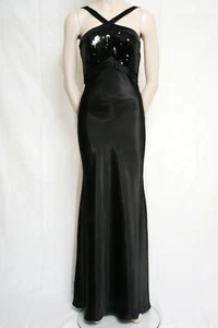 LONG BLACK STUNNING SATIN EVENING DRESS WITH SEQUINS SIZE 8 - Picture 1 of 2