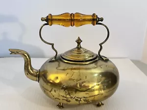 Vintage JCB Best Hammered Birmingham Brass Teapot Glass Handle Kettle - Picture 1 of 9