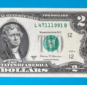 TRAILING YEAR 1991 (L 4711 1991 B) $2 Two Dollar Bill Serial Number 2017A *UNC* - Picture 1 of 4
