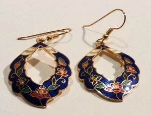 Pendientes Cloisonne Genuinos Tono Oro Metal Multicolor Patrón Floral Colgante Gota - Imagen 1 de 7