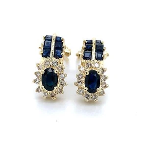 14K Yellow Gold Oval Cut Sapphire and Diamond Halo Omega Back Earrings - Picture 1 of 15