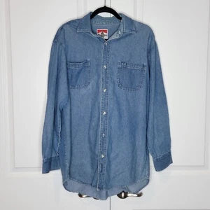 VTG Marlboro Long Sleeve Button Up Denim Shirt Men's Lg Blue Cotton Smoking 90s - Picture 1 of 9