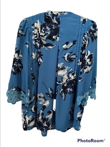 Denim 24/7 Blouse Womens 14W Blue Floral Lace Edged Cottagecore Plus Bohemian - Picture 1 of 9