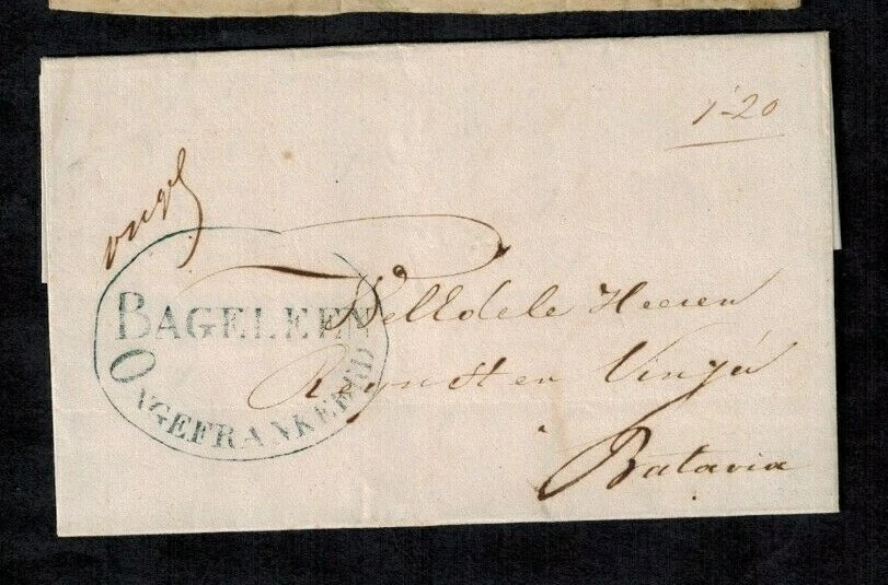 Dutch East Indies 1845 Pre-Stamp Cover w/ ONGEFRANKEERD BAGELEEN Blue Oval 86a - Image 1 of 2