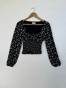 Kookai Women's Black White Paisley Long Sleeve Crop Top Casual Viscose Size 40 - Picture 1 of 12