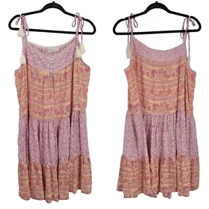 Lucky Brand Kleid Festival Boho übergroß abgestufter ditziger Blumenmuster Rüsche Saum rosa L - Bild 1 von 17