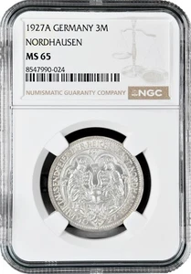 Weimar Republic 3 reichsmark 1927 A, NGC MS65, "1000th Anniv. of Nordhausen" - Picture 1 of 2
