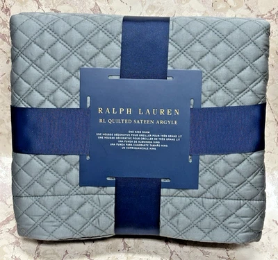 ¡NUEVO! RALPH LAUREN $185 Satén Acolchado Argyle Lujo King Sham 20" x 36" Grafito Foto 1 de 4