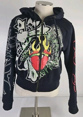Ed Hardy Sacred Heart Cropped Zip Up Hoodie Size L Y2K #EHW1802-13D - Image 1 of 4