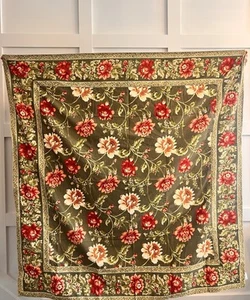 April Cornell Square Moss Green Pink Peach Floral Motif Tablecloth 52” x 52” - Picture 1 of 9