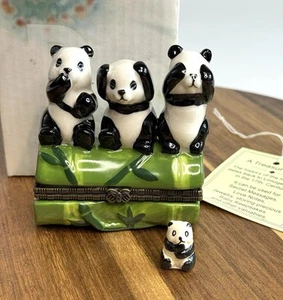 Porcelain Hinged Trinket Box Three Pandas Hear No See No Speak No Evil - Picture 1 of 9