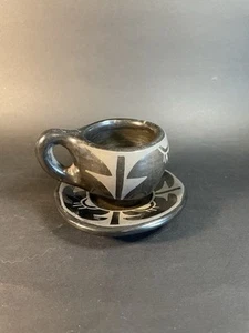 San Ildefonso pottery Cup & Saucer Black On Black Pottery Unsigned - Picture 1 of 21