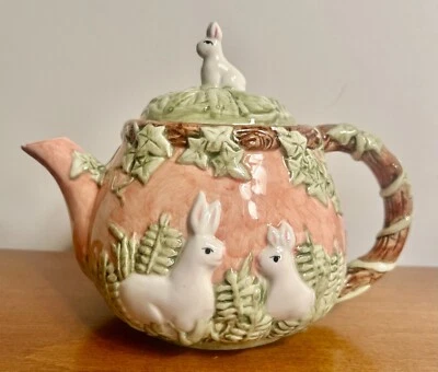 Nouveau Teapot Rabbit Bunny Hand Painted  Easter  READ - Image 1 of 4