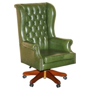 FINE GREEN LEATHER CHESTERFIELD PRESIDENTS CAPTAINS WINGBACK OFFICE SWIVEL CHAIR - Picture 1 of 17