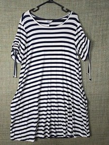 Terra & Sky Womens Dress Blue Striped Large L Short Sleeve 14W - Picture 1 of 9