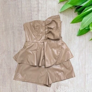 DO+BE Shorts Romper Womens Medium Brown Faux Leather Ruffle Strapless Zip Up - Picture 1 of 6