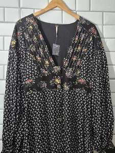 Free People Ladies Black Small Floral Print Mini Dress Button Down Front Long  - Picture 1 of 6