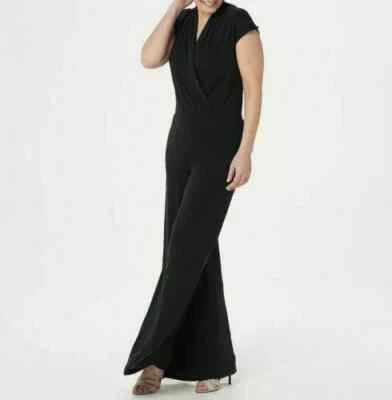 Lisa Rinna Collection Surplice Wide Leg Jumpsuit-Black-Petite 1X-NEW-A353583 - Image 1 of 3