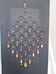 EX LARGE HANDMADE RECYCLED IRON WINDCHIME WITH BELLS & BEADS - Picture 1 of 14