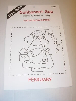 5 1/2" Sunbonnet Sue Redwork & MORE Quilt Block Pattern EMBROIDERY FEBRUARY - Image 1 of 3