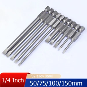 Slotted Screwdriver Bits Set Long 50/75/100/150mm 1/4 Inch Hex Shank S2 Magnetic - Picture 1 of 40