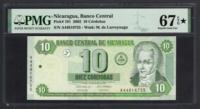 Nicaragua 10 Cordobas 10-4-2002 P191 Uncirculated Grade 67 Star - Image 1 of 2