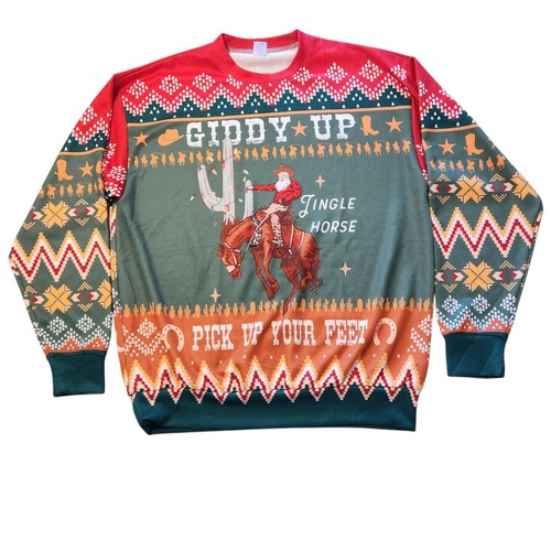 VETEMENTS Felpa Giddy Up Jingle Horse Cowboy Natale Brutta Cowboy Retrò L NUOVA SENZA ETICHETTE