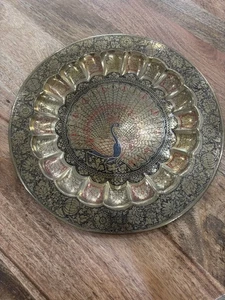 Vintage Messing bemalt Pfau geätzt Wandplatte 13 Zoll - Bild 1 von 3