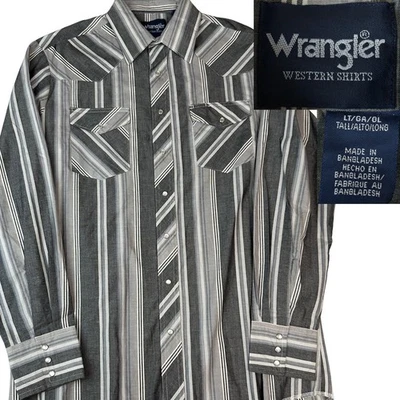 Wrangler Pearl Snap Western Shirt Gray Stripes L Tall 16.5 X 36 - Image 1 of 4