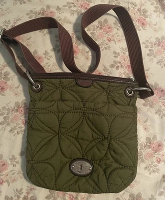 Fossil Key Per Fabric Quilted Crossbody Bag Green Brown Slingbag Purse - Image 1 of 4