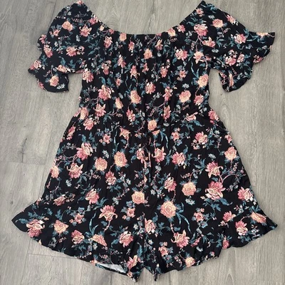 Nuevo con etiquetas Mameluco Torrid 3X Elástico Challis Fuera del Hombro Negro Profundo Flores Foto 1 de 4