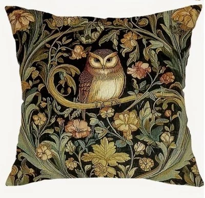 William Morris Abstract Floral Owl Design Linen Throw Pillow Cover Home Decor - Image 1 of 4