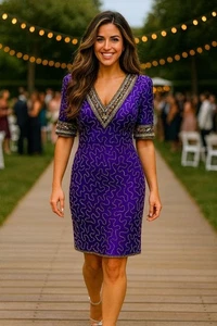 All Silk Vintage Dress by Lawrence Kazar Med Purple Beaded Cocktail Dress Glam - Picture 1 of 12
