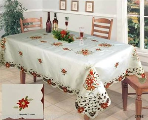Christmas Embroidered Poinsettia Bells Candles Tablecloth & Napkin Holiday 3778E - Picture 1 of 6