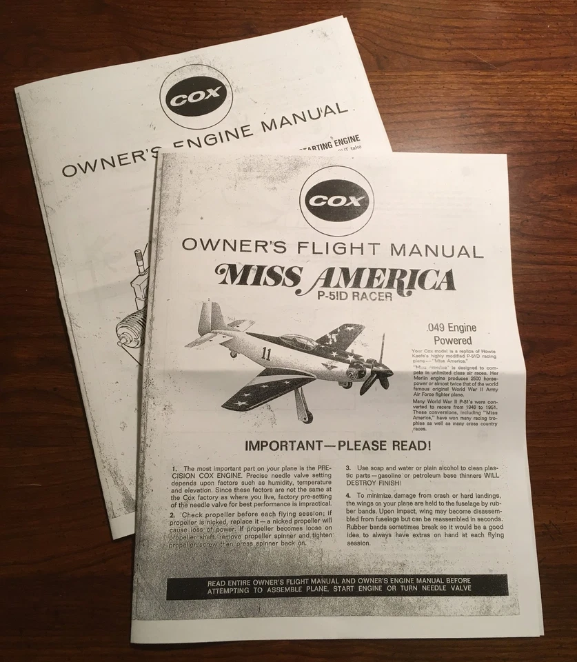 COX .049 P-51D RACER MUSTANG OWNERS FLIGHT INSTRUCTION AND 049 ENGINE MANUAL - Image 1 of 1
