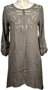 Vestido Monoreno Mujer Túnica Pequeña Gris Blanco Bordado Manga Globo Azteca - Imagen 1 de 12