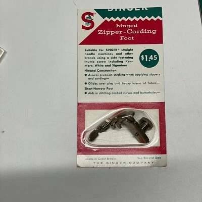 Singer Hinged Zipper Cording Foot Adjustable Zipper Foot 161127 Gr Britain - Image 1 of 4