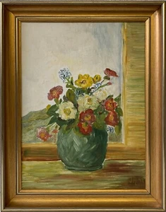 Oil Painting Still Life With Flowers 1942 JH Monogram Naive With Picture Frame - Picture 1 of 10